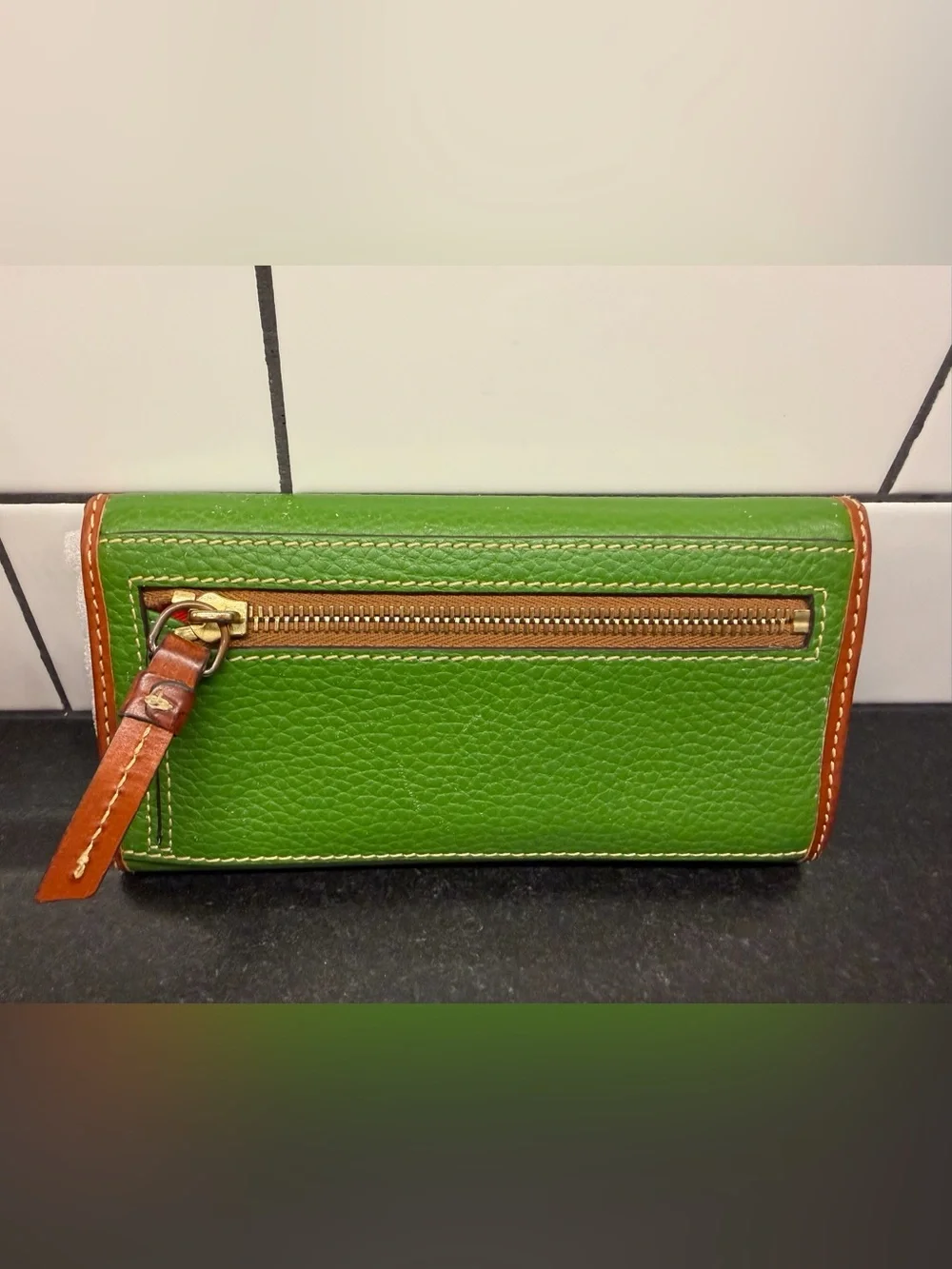 Dooney & Bourke Green Pebbled Leather Continental Wallet with Brown Trim